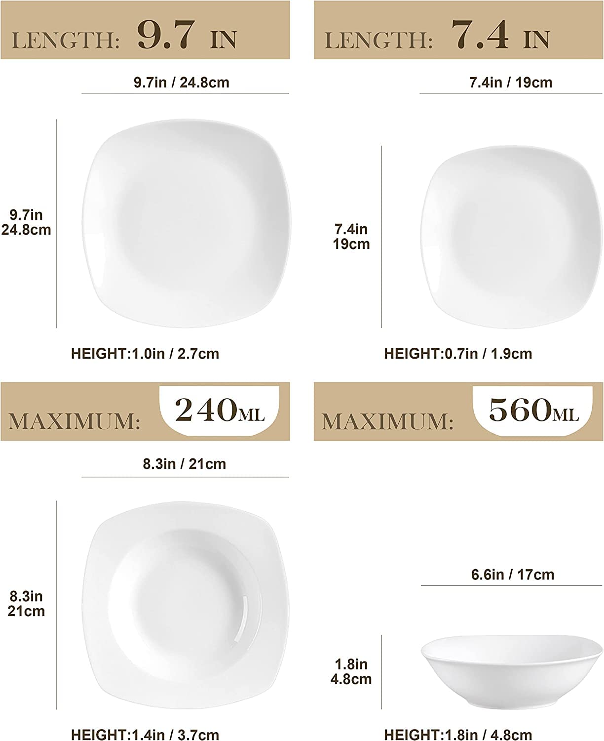 MALACASA Serie Elisa Geschirrset 48-tlg für 12 Personen – Teller Set mit Suppentellern, Kuchentellern, Speisetellern & Müslischalen Hellgrau/Weiß
