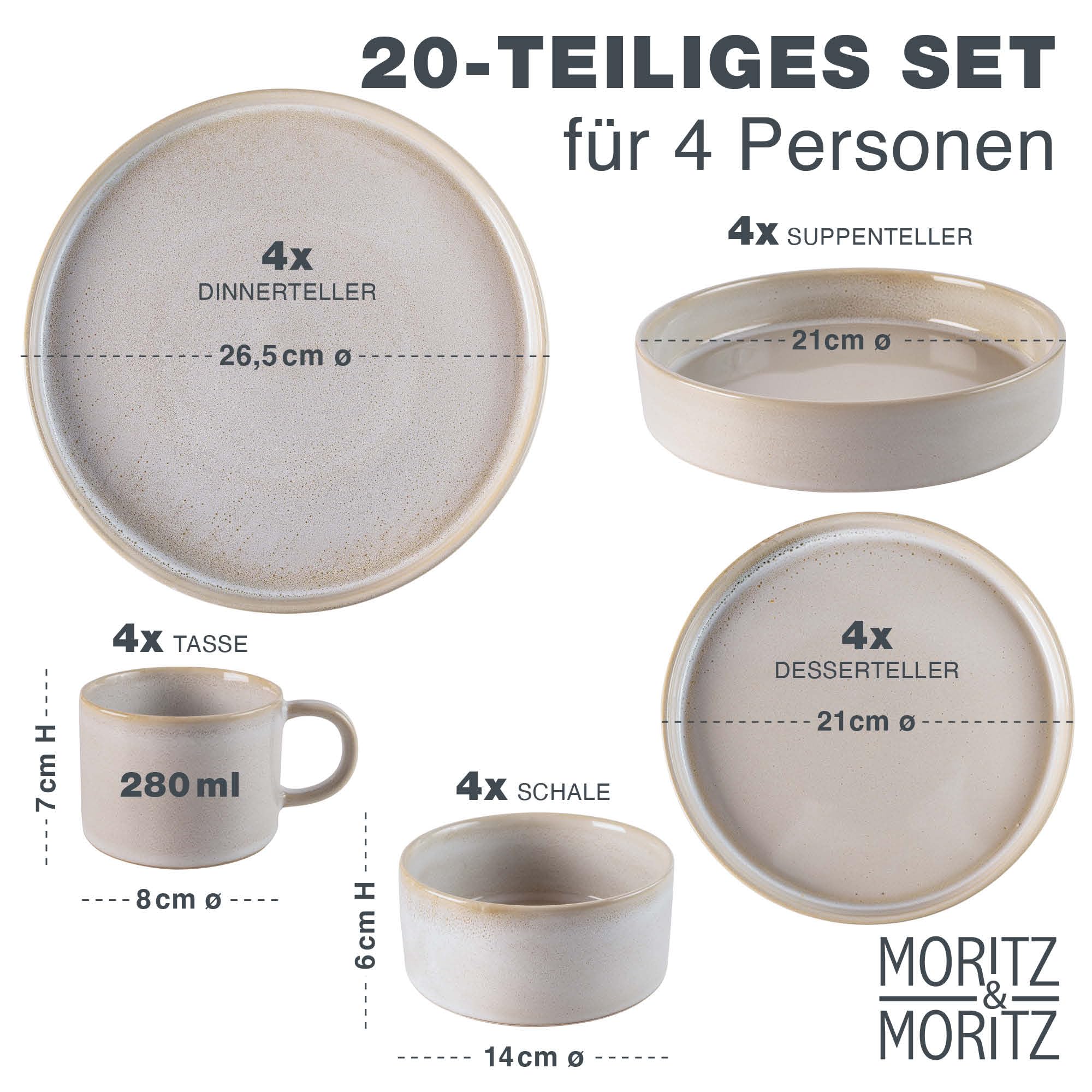Moritz & Moritz CASTELLO Geschirrset 20-tlg für 4 Personen Beige – Steingut Teller Set mit Dinner-, Dessert-, Suppentellern, Schalen & Tassen