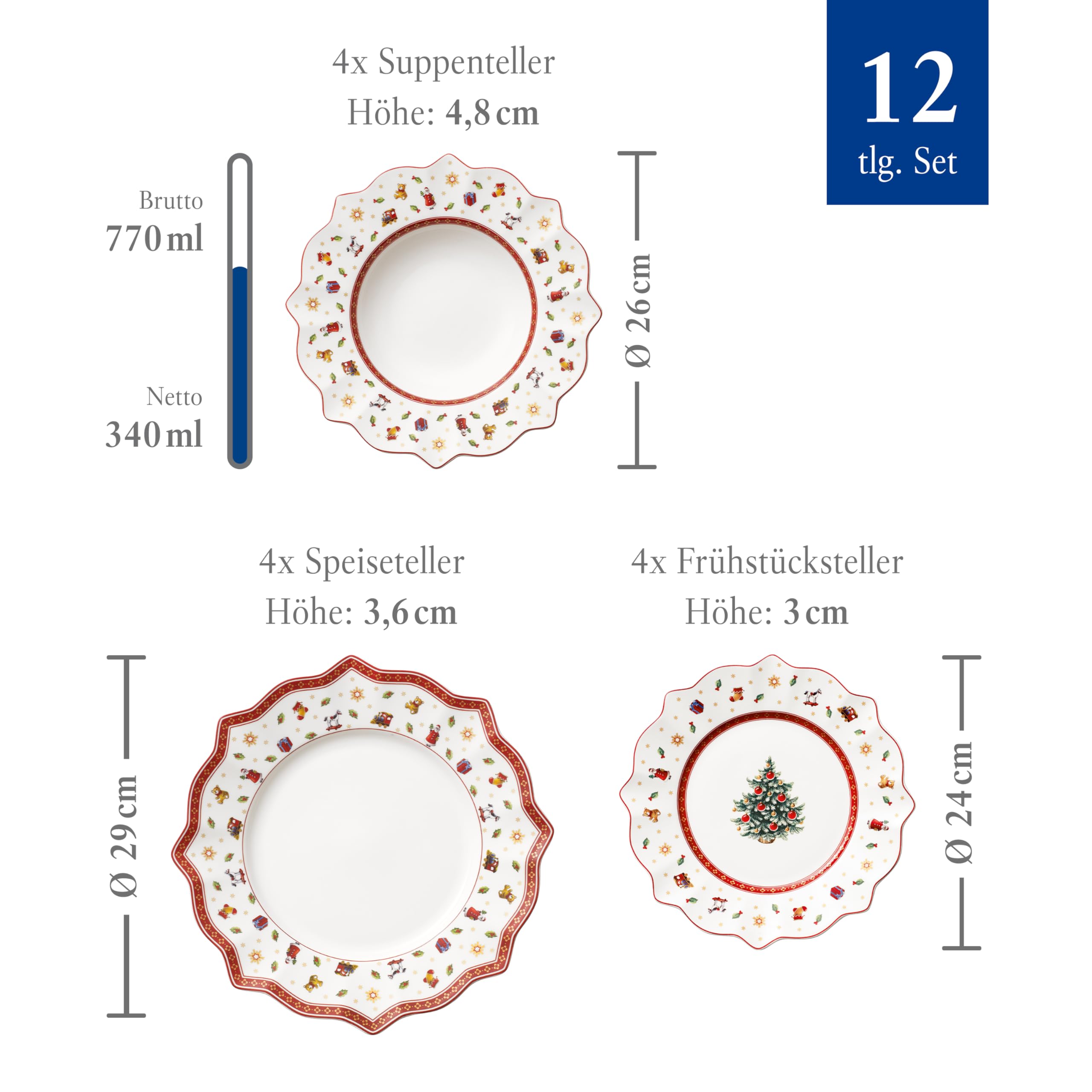 Villeroy & Boch Toy’s Delight Tafelservice 12-tlg – Weihnachtliches Geschirrset mit Speisetellern, Suppentellern & Frühstückstellern