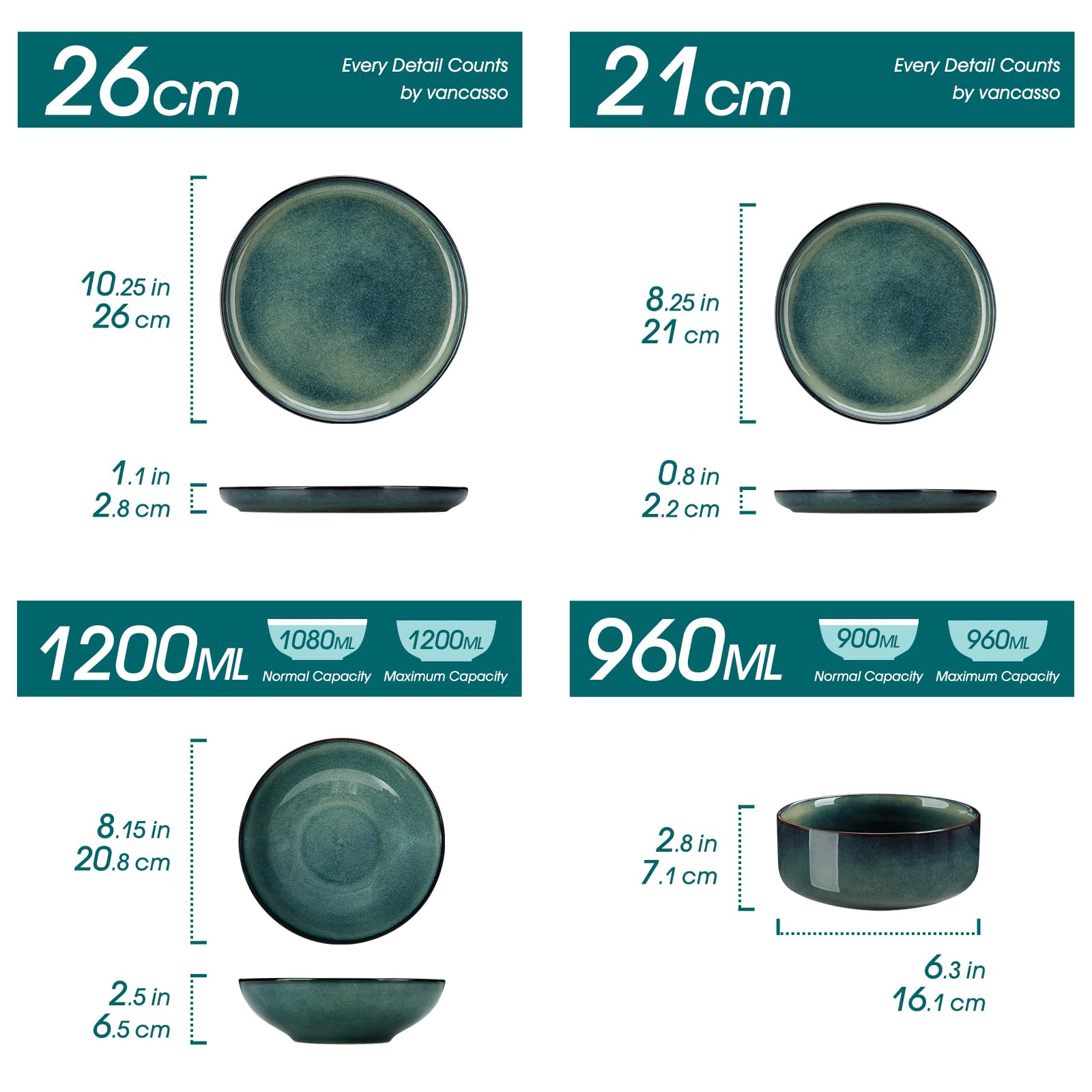 Vancasso STARRY Geschirrset 24-tlg für 6 Personen – Modernes Steingut Set in Grün, inkl. Speiseteller, Dessertteller, Suppenteller & Müslischalen