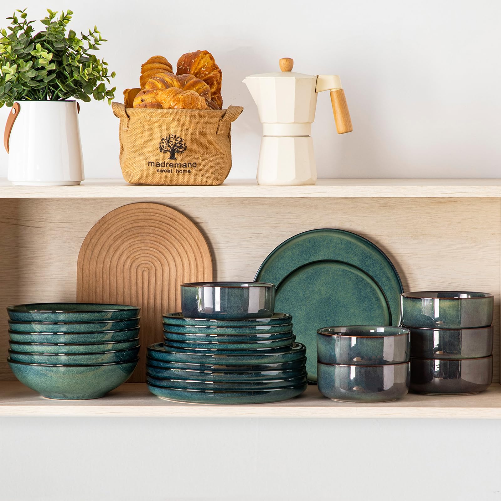 Vancasso STARRY Geschirrset 24-tlg für 6 Personen – Modernes Steingut Set in Grün, inkl. Speiseteller, Dessertteller, Suppenteller & Müslischalen