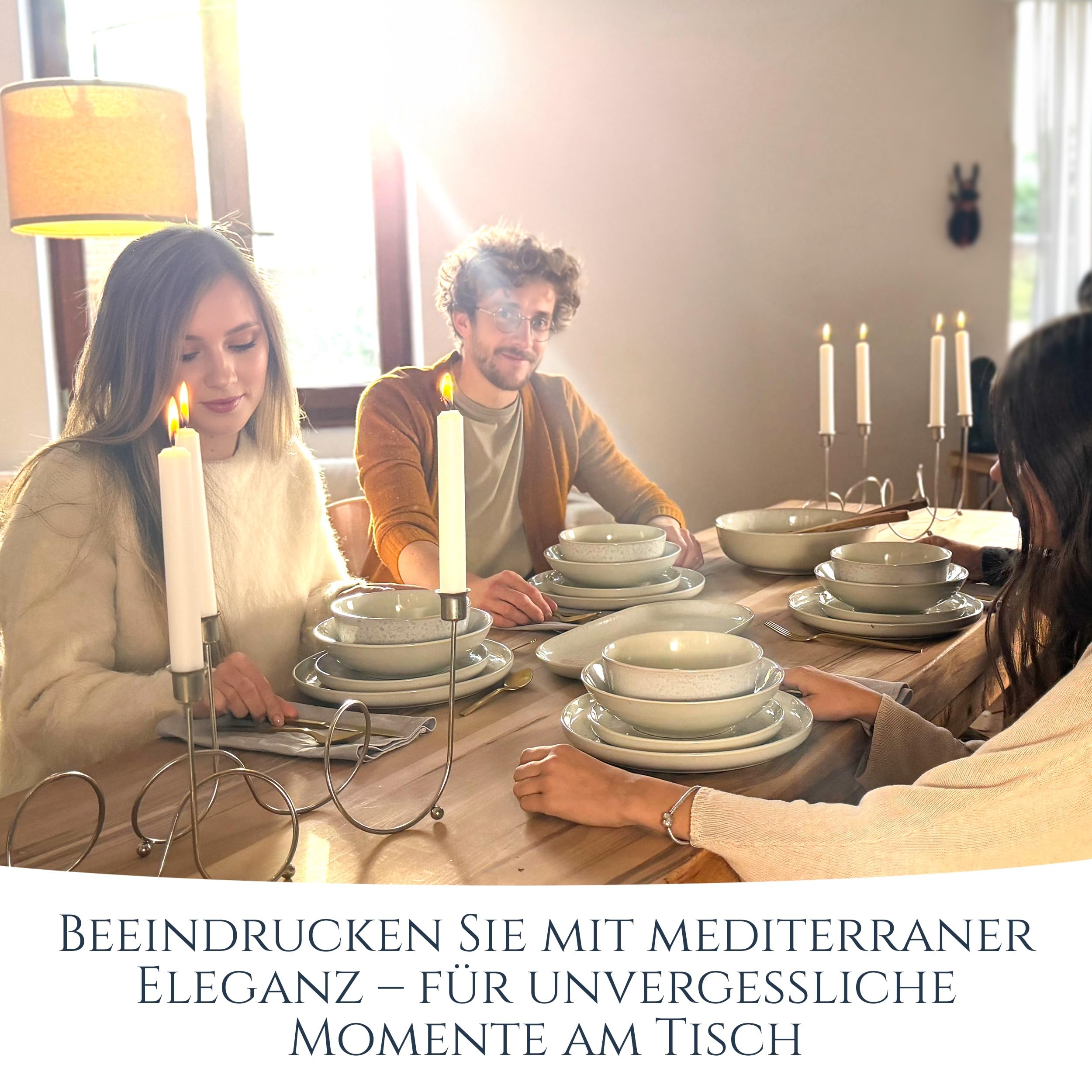 SÄNGER Ibiza Geschirrset 48-tlg für 12 Personen – Mediterranes Steingut Set, inkl. Schüsseln, Speise- & Desserttellern, TESTSIEGER Qualität