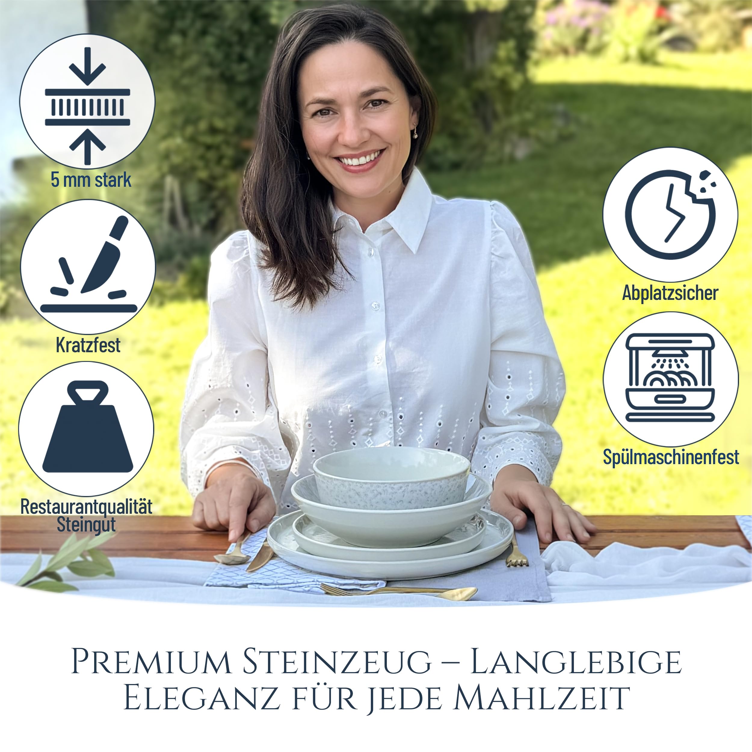 SÄNGER Ibiza Geschirrset 48-tlg für 12 Personen – Mediterranes Steingut Set, inkl. Schüsseln, Speise- & Desserttellern, TESTSIEGER Qualität