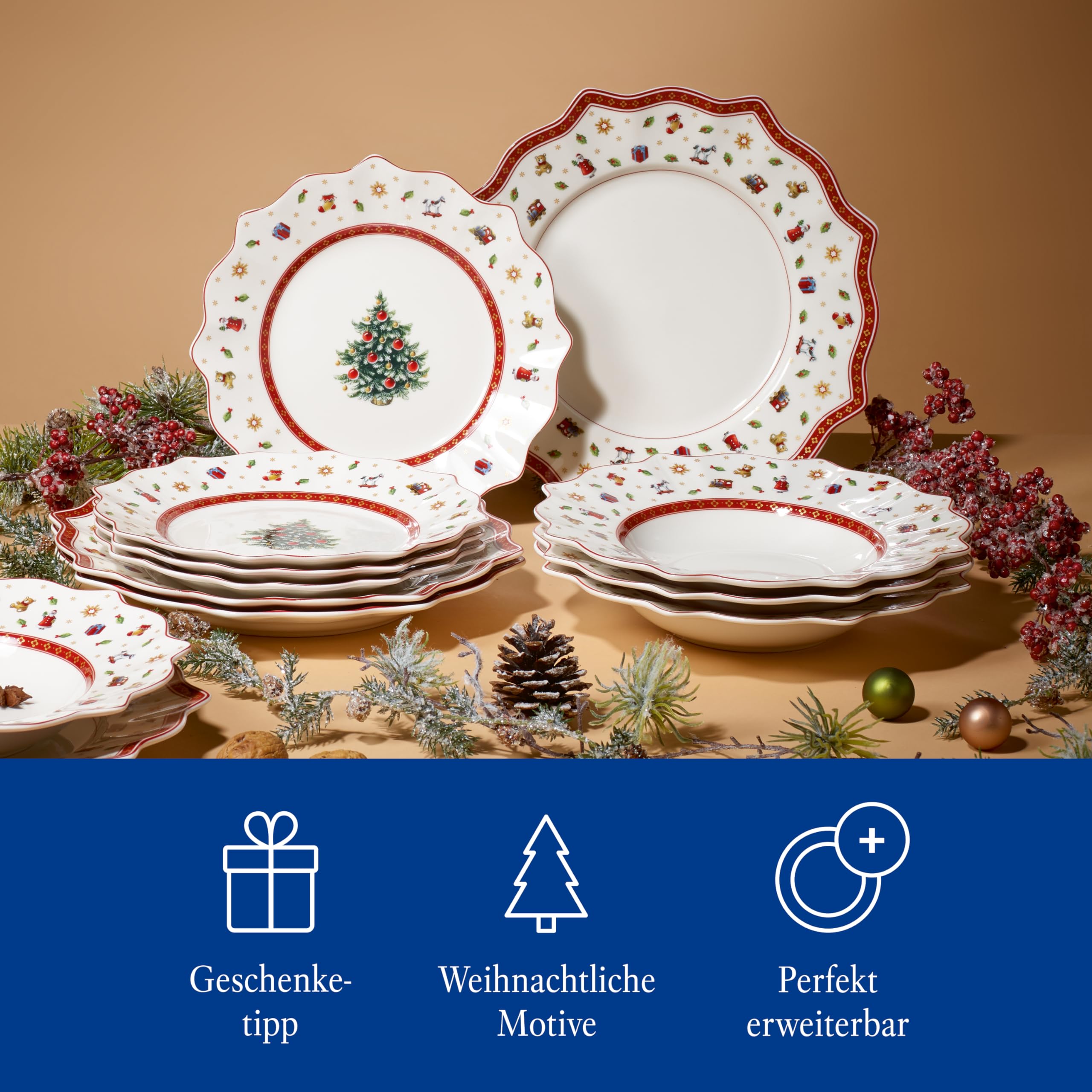 Villeroy & Boch Toy’s Delight Tafelservice 12-tlg – Weihnachtliches Geschirrset mit Speisetellern, Suppentellern & Frühstückstellern