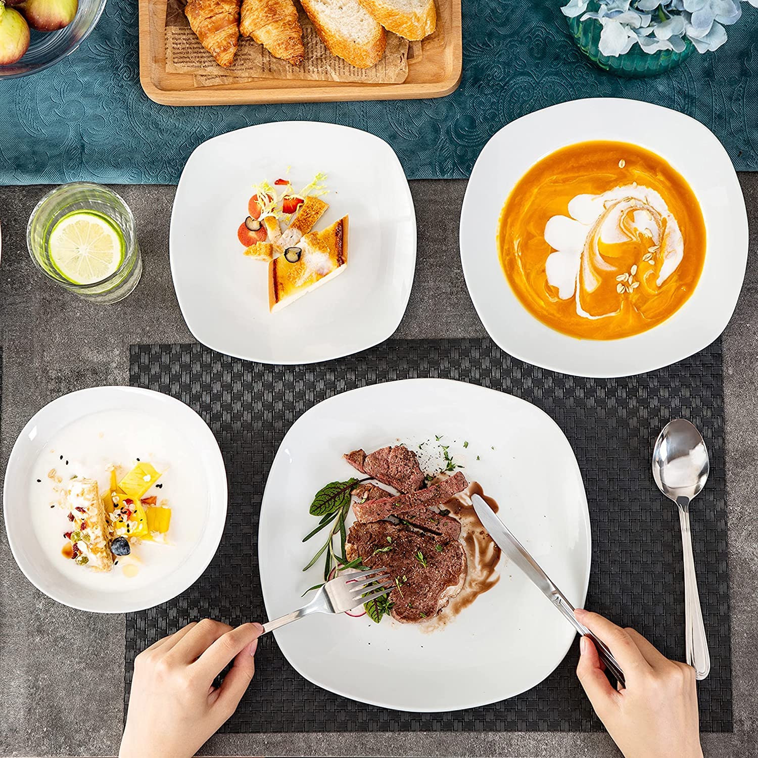 MALACASA Serie Elisa Geschirrset 48-tlg für 12 Personen – Teller Set mit Suppentellern, Kuchentellern, Speisetellern & Müslischalen Hellgrau/Weiß