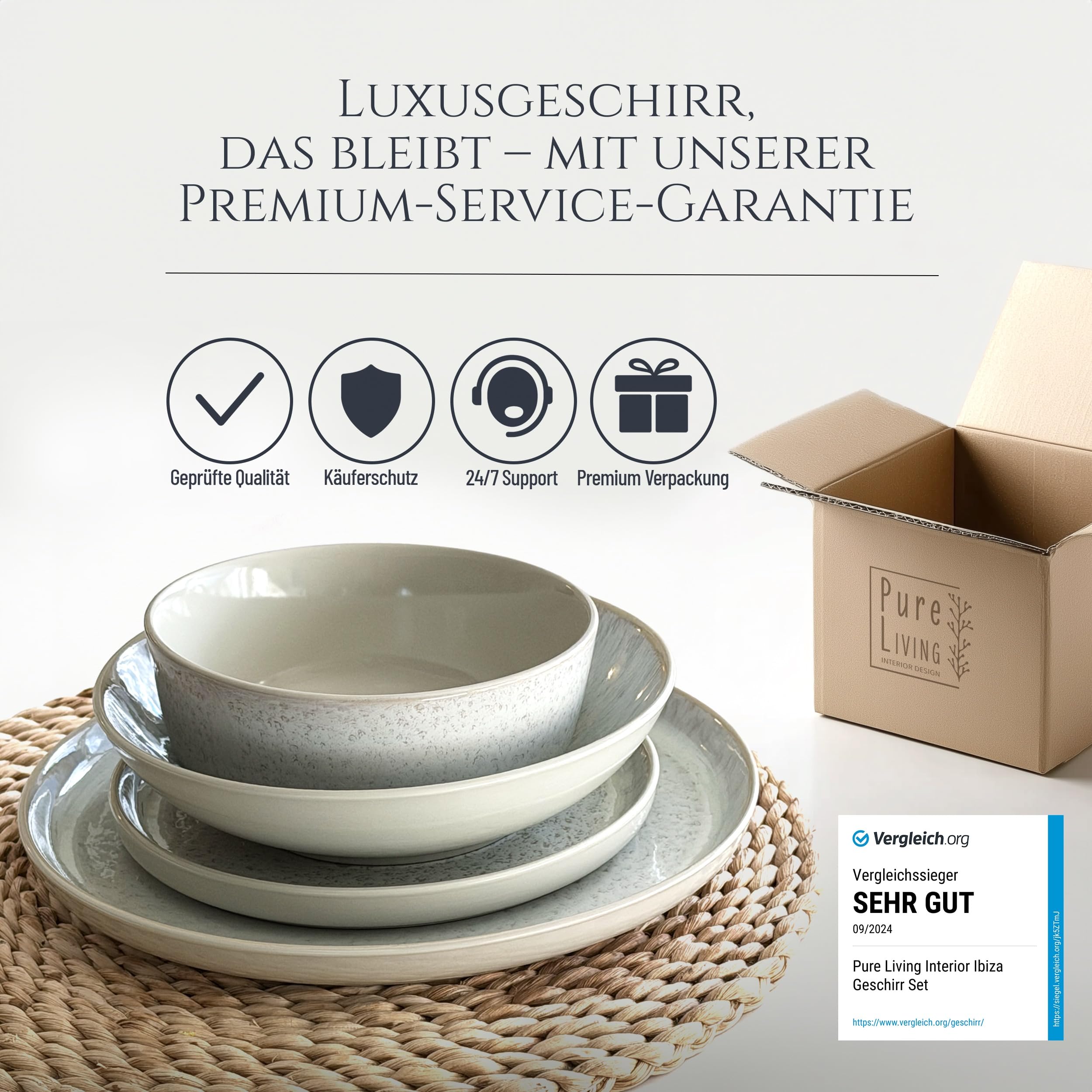 SÄNGER Ibiza Geschirrset 48-tlg für 12 Personen – Mediterranes Steingut Set, inkl. Schüsseln, Speise- & Desserttellern, TESTSIEGER Qualität