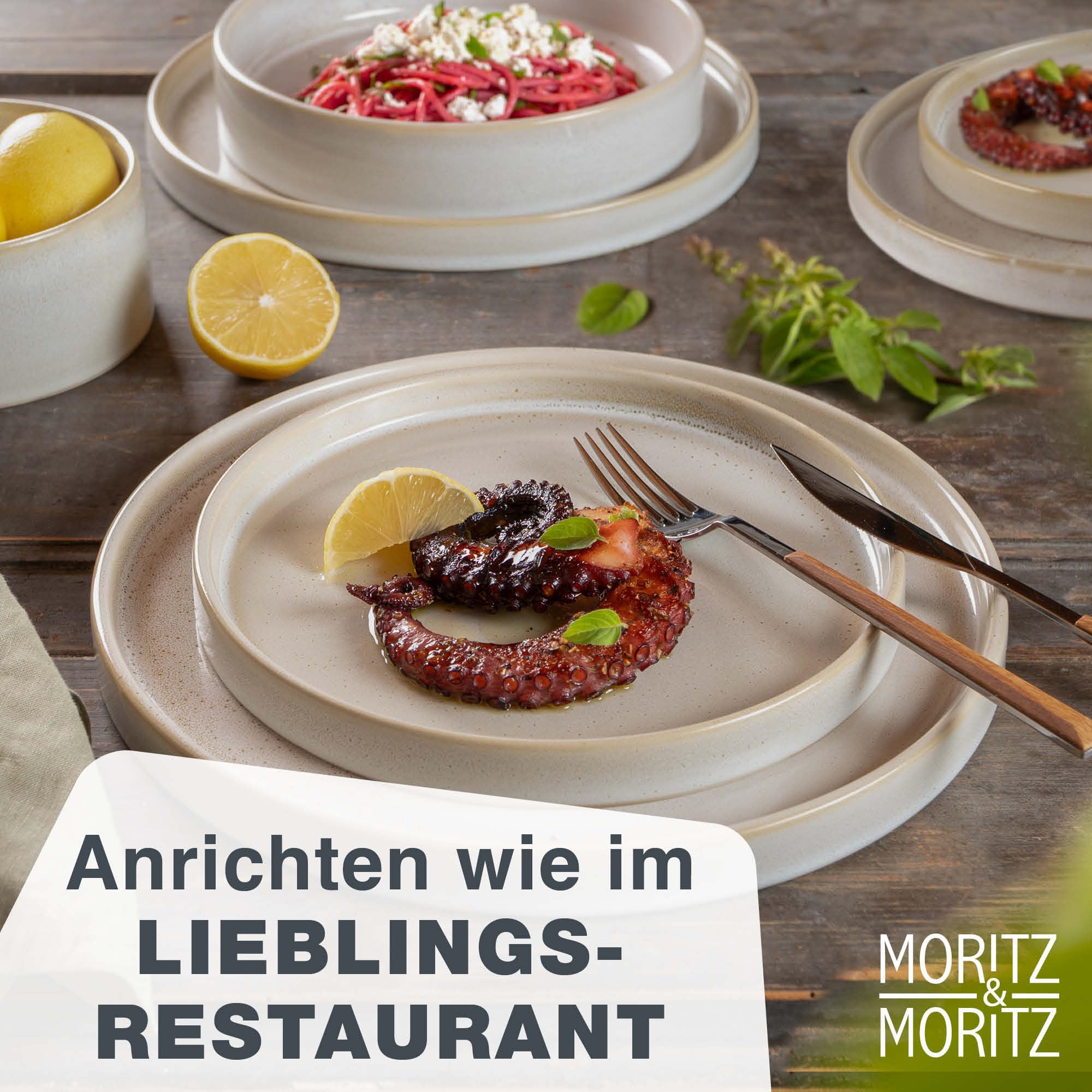 Moritz & Moritz CASTELLO Geschirrset 20-tlg für 4 Personen Beige – Steingut Teller Set mit Dinner-, Dessert-, Suppentellern, Schalen & Tassen