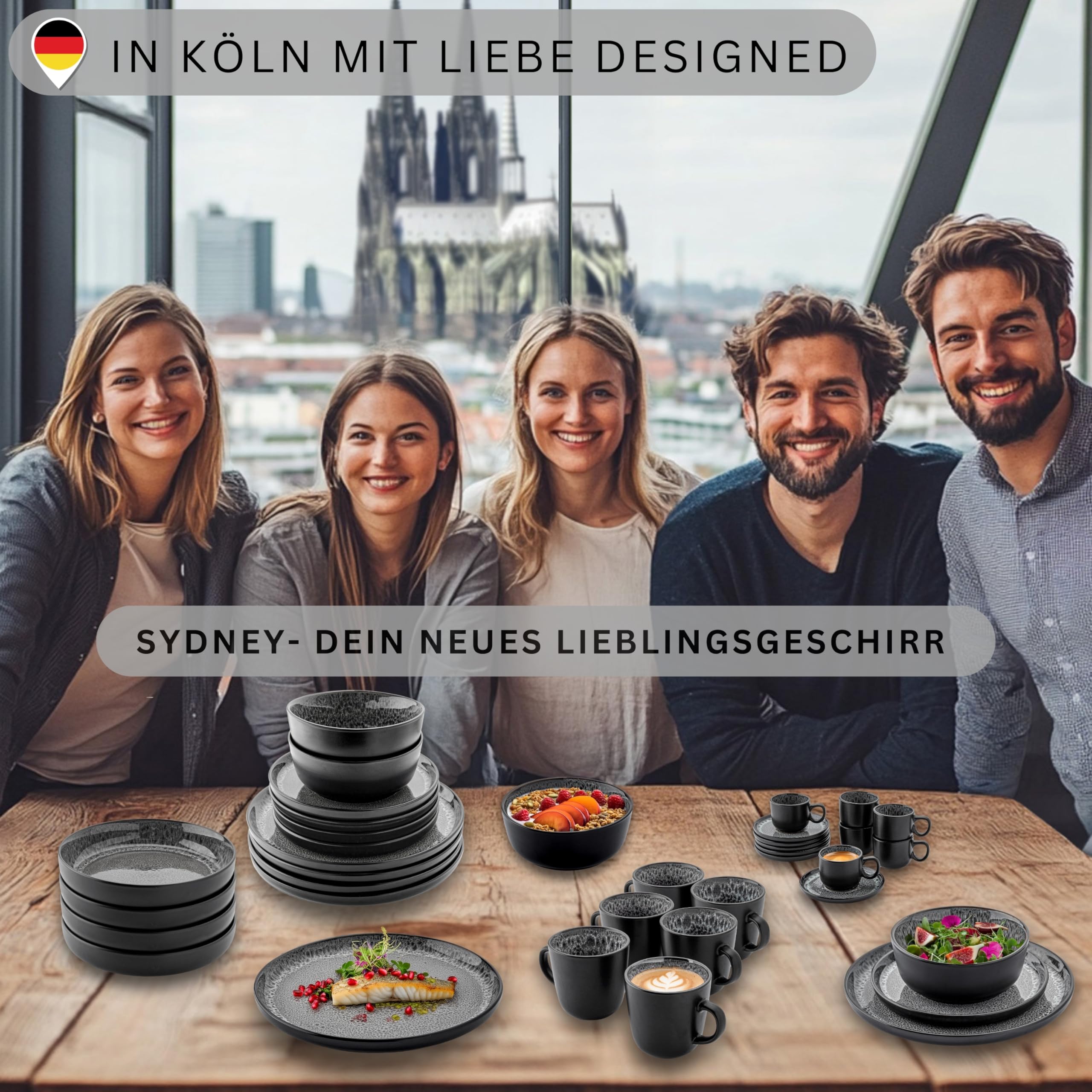 SÄNGER Sydney Kombiservice 30-tlg für 6 Personen – Steingut Teller Set mit Speise-, Pasta- & Kaffeebechern, spülmaschinen- & mikrowellenfest