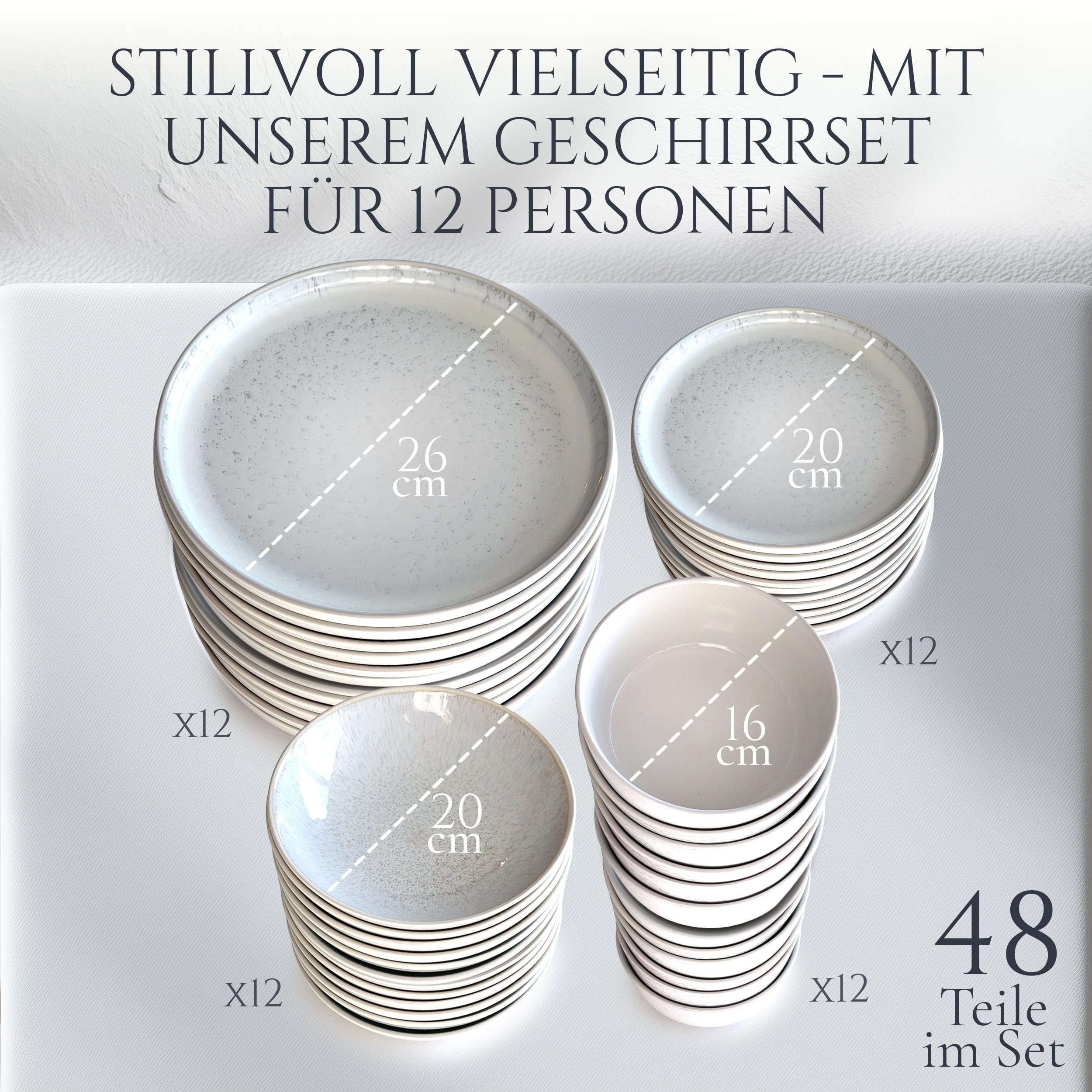 SÄNGER Ibiza Geschirrset 48-tlg für 12 Personen – Mediterranes Steingut Set, inkl. Schüsseln, Speise- & Desserttellern, TESTSIEGER Qualität