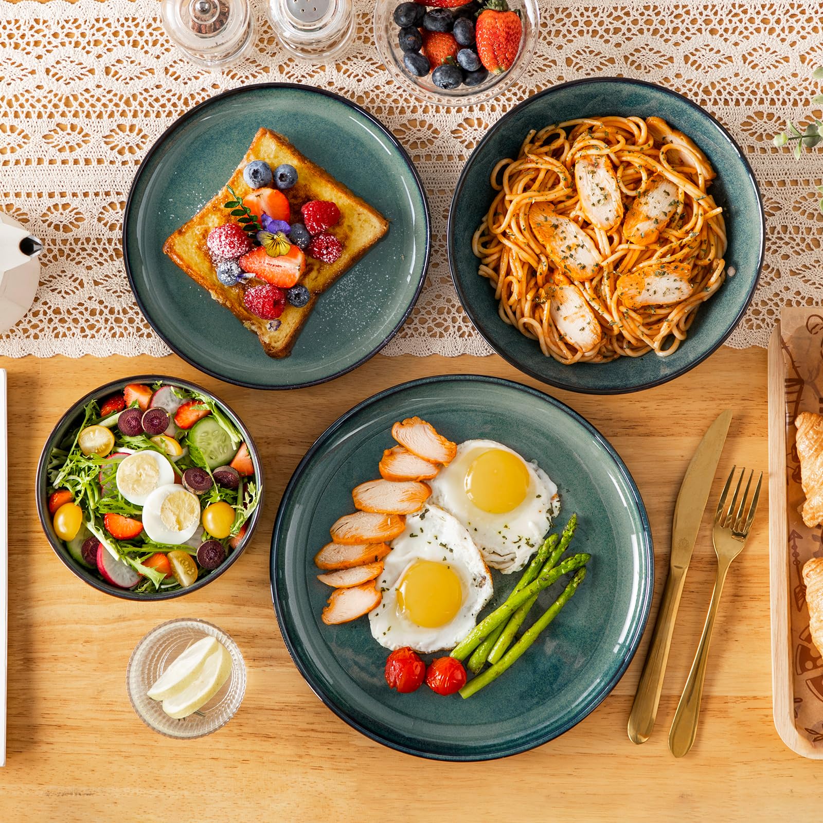 Vancasso STARRY Geschirrset 24-tlg für 6 Personen – Modernes Steingut Set in Grün, inkl. Speiseteller, Dessertteller, Suppenteller & Müslischalen