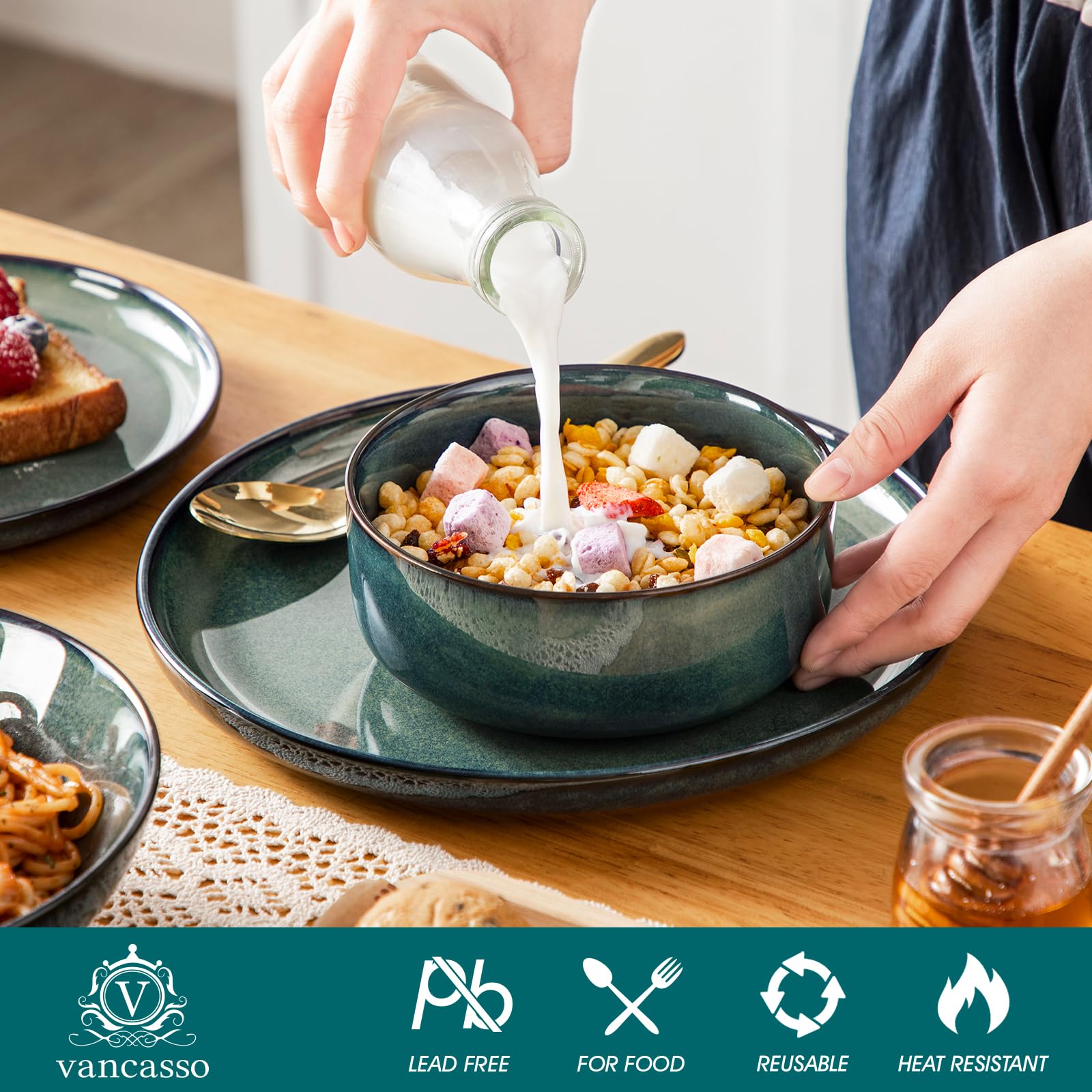 Vancasso STARRY Geschirrset 24-tlg für 6 Personen – Modernes Steingut Set in Grün, inkl. Speiseteller, Dessertteller, Suppenteller & Müslischalen