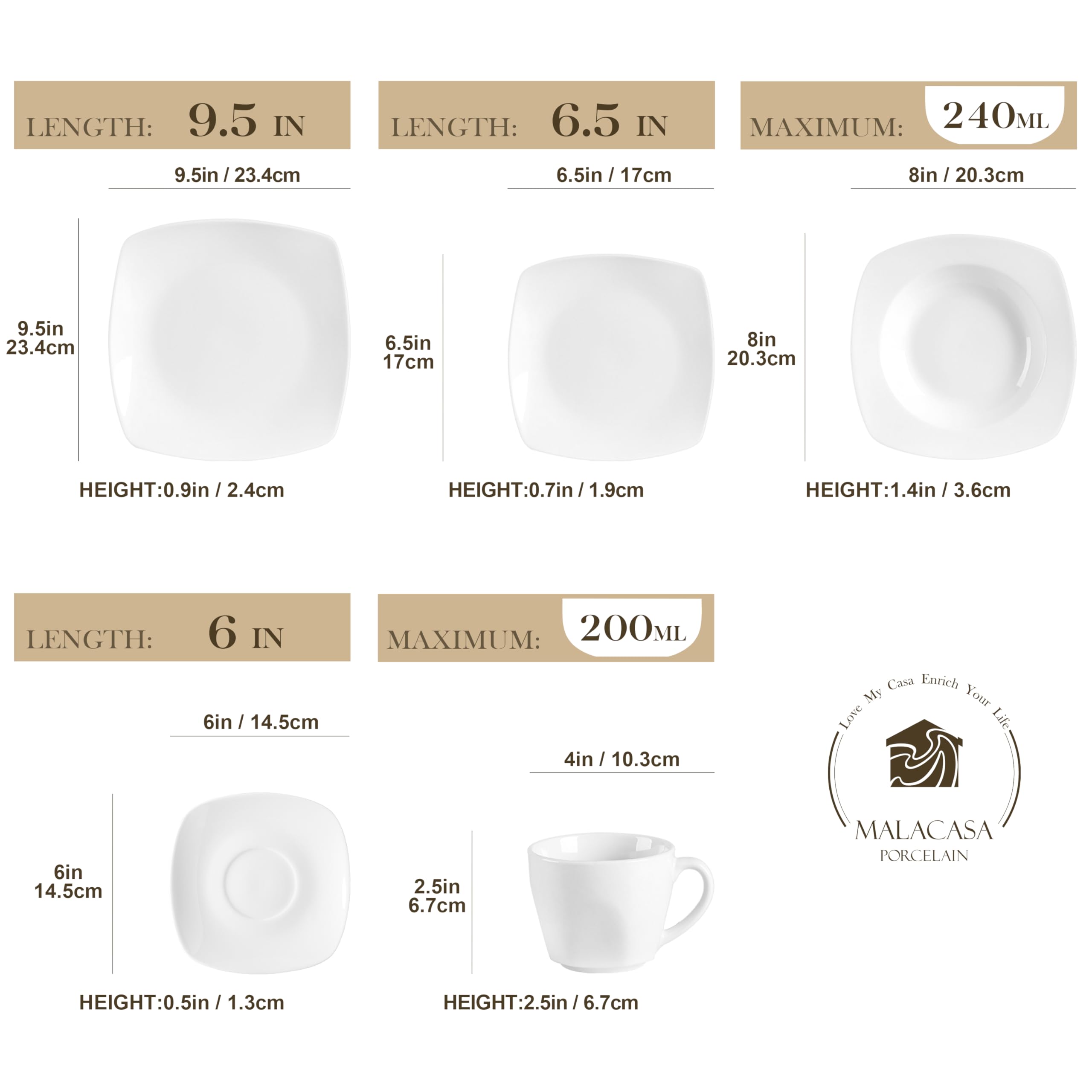 MALACASA Serie Julia Geschirrset 60-tlg für 12 Personen – Porzellan Set mit Speisetellern, Desserttellern, Suppentellern & Kaffeeservice