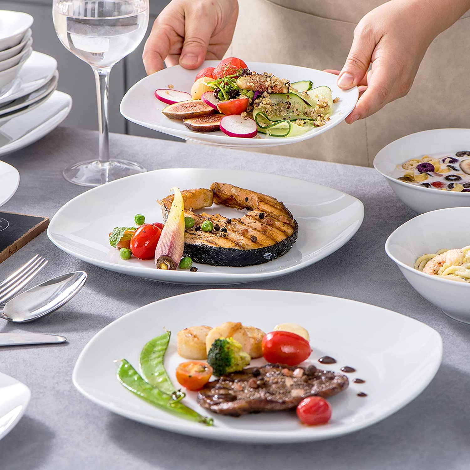 MALACASA Serie Elisa Geschirrset 48-tlg für 12 Personen – Teller Set mit Suppentellern, Kuchentellern, Speisetellern & Müslischalen Hellgrau/Weiß