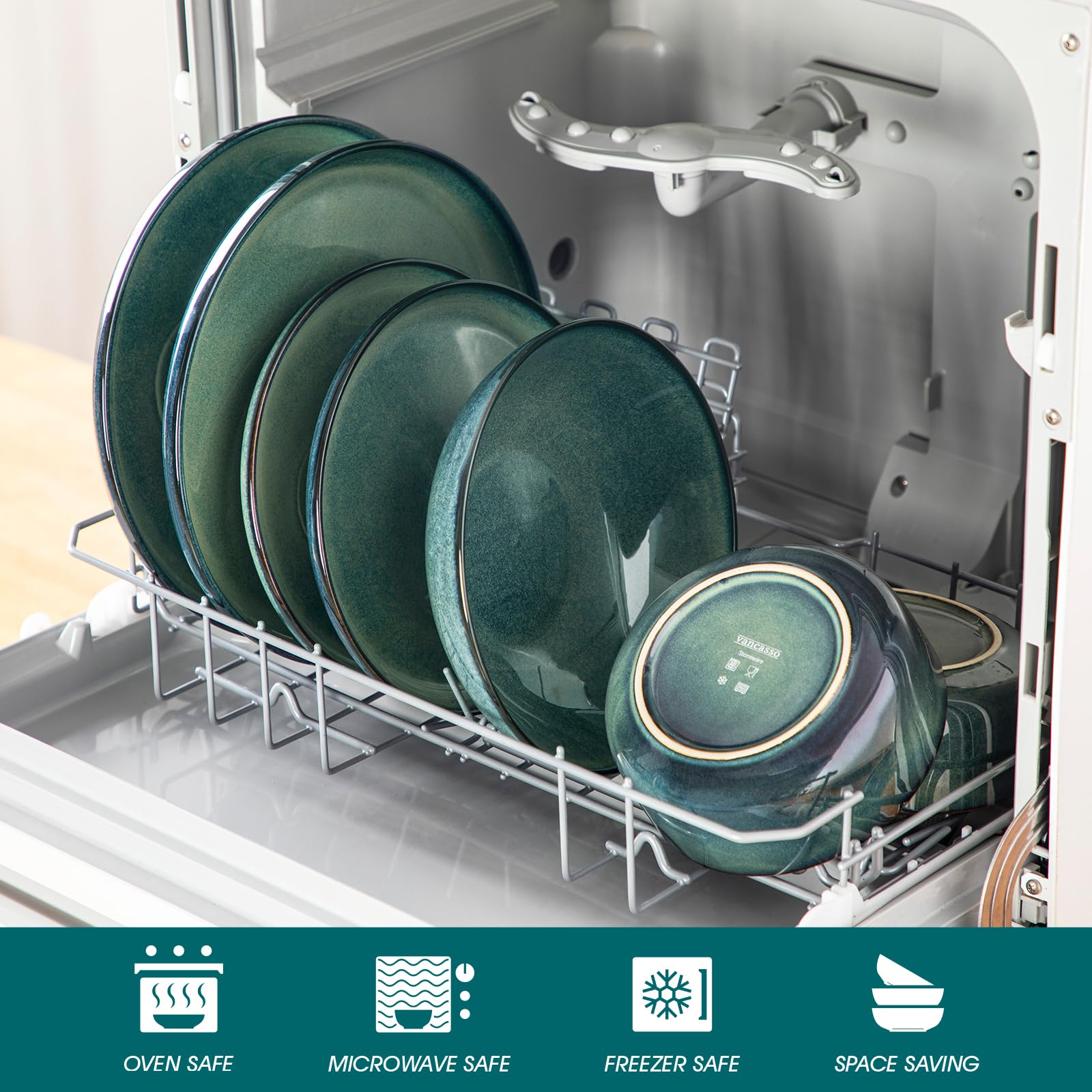 Vancasso STARRY Geschirrset 24-tlg für 6 Personen – Modernes Steingut Set in Grün, inkl. Speiseteller, Dessertteller, Suppenteller & Müslischalen