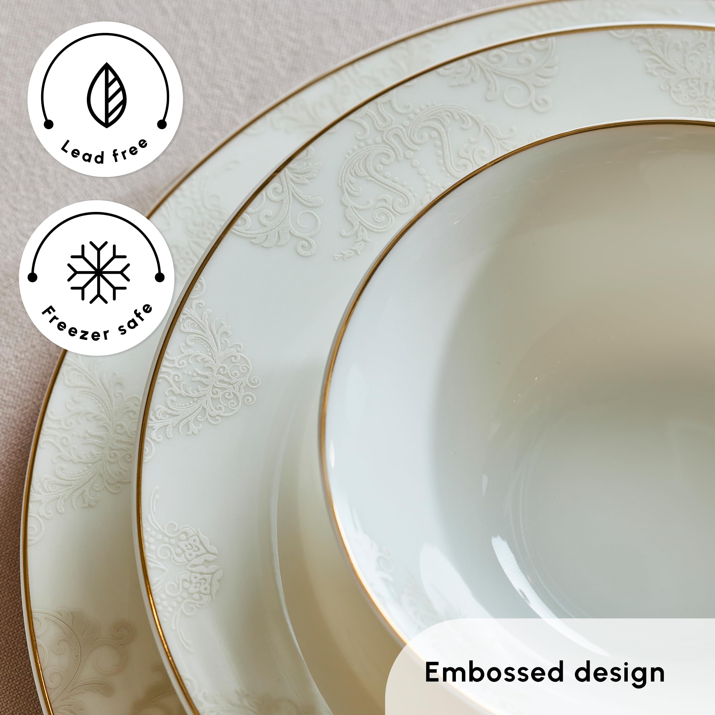 Karaca Tafelservice 53-tlg für 12 Personen – Modernes Dinner Set Weiß, inkl. Speise-, Suppen-, Frühstückstellern & Porzellan-Schalen