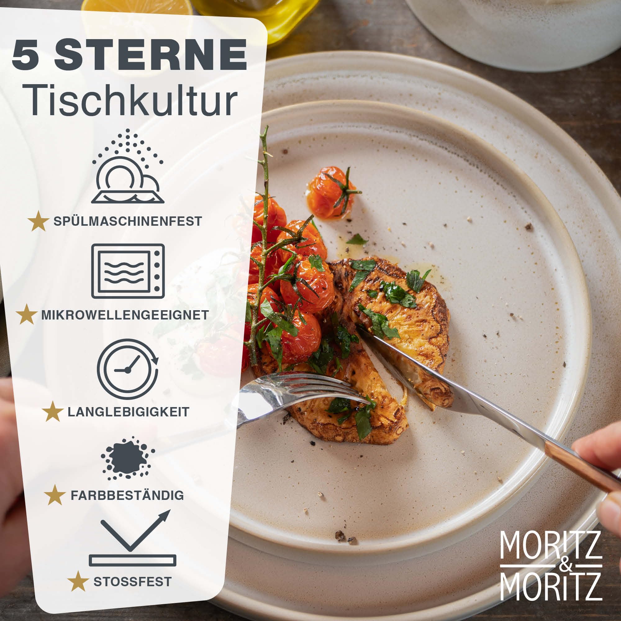 Moritz & Moritz CASTELLO Geschirrset 20-tlg für 4 Personen Beige – Steingut Teller Set mit Dinner-, Dessert-, Suppentellern, Schalen & Tassen