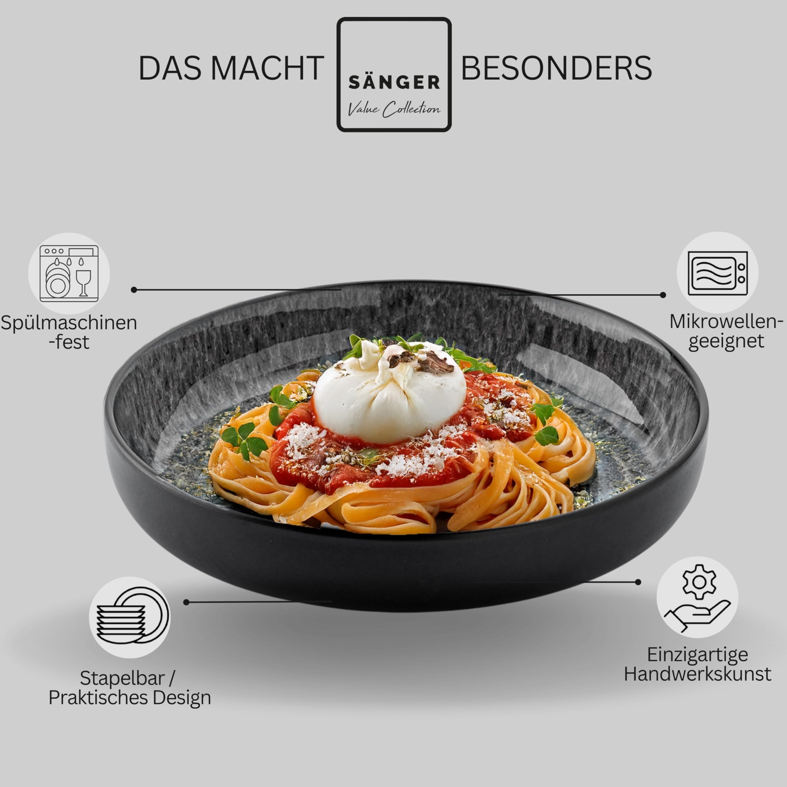 SÄNGER Sydney Kombiservice 30-tlg für 6 Personen – Steingut Teller Set mit Speise-, Pasta- & Kaffeebechern, spülmaschinen- & mikrowellenfest